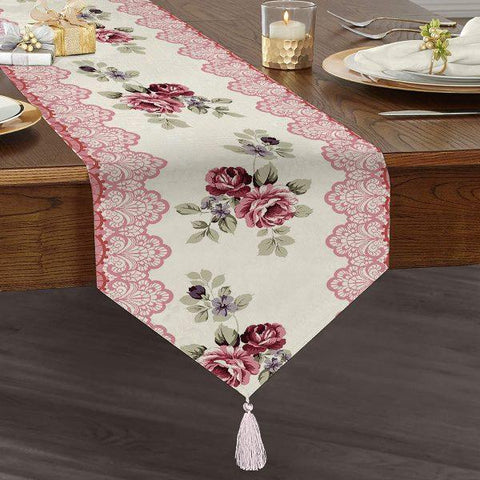 Floral Table Runner|High Quality Triangle Chenille Table Runner|Summer Trend Tabletop |Farmhouse Table|Heartwarming Flowers Tasseled Runner