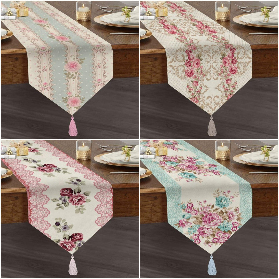 Floral Table Runner|High Quality Triangle Chenille Table Runner|Summer Trend Tabletop |Farmhouse Table|Heartwarming Flowers Tasseled Runner