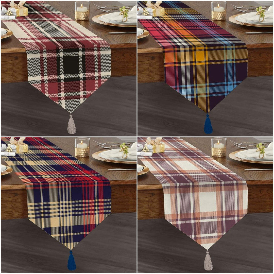 Plaid Table Runner|High Quality Triangle Chenille Table Runner | Decorative Tabletop|Tartan Pattern Table Runners|Checkered Tasseled Runner