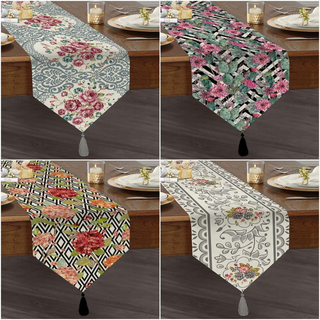 Floral Table Runner|High Quality Triangle Chenille Table Runner|Summer Trend Tabletop|Farmhouse Table |Flowers with Patterns Tasseled Runner