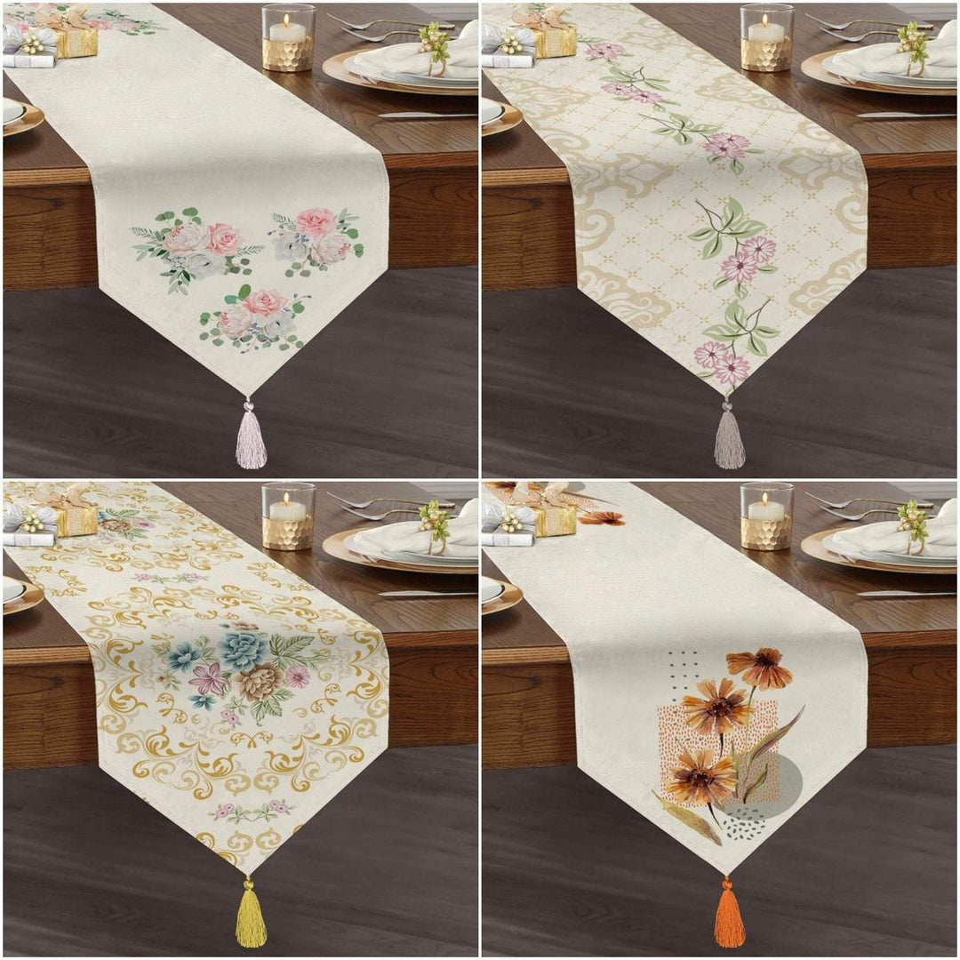 Floral Table Runner|High Quality Triangle Chenille Table Runner| Summer Trend Tabletop|Farmhouse Table|Flowers with Patterns Tasseled Runner