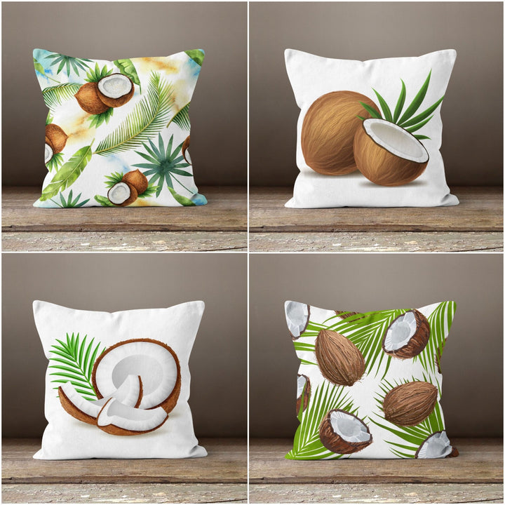 Coconut Pillow Covers|Brown Broken Coconut Piece Cushion Case|Coconut and Leaves Throw Pillow|Decorative Home Furniture|Coconut Love Pillow