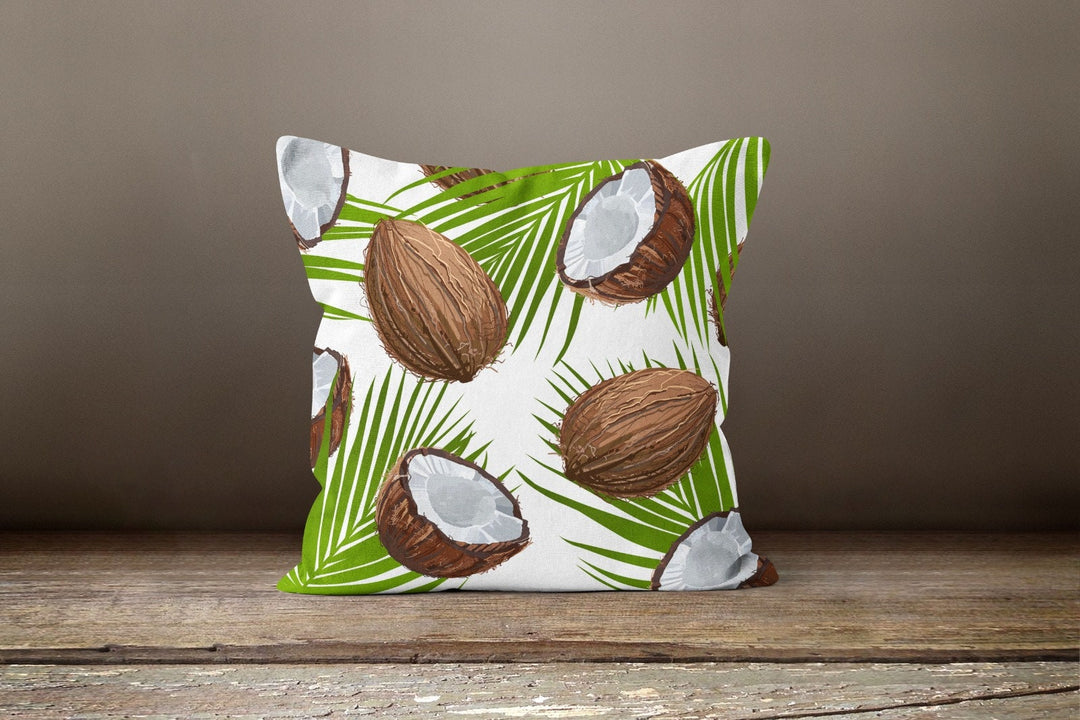 Coconut Pillow Covers|Brown Broken Coconut Piece Cushion Case|Coconut and Leaves Throw Pillow|Decorative Home Furniture|Coconut Love Pillow