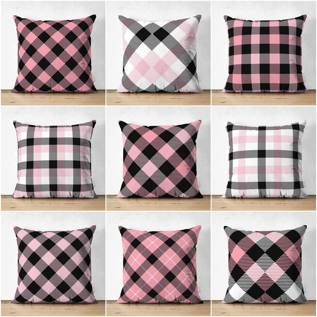 Plaid Pillow Cover|Check Pattern Cushion Case|Geometric Pattern Home Decor|Decorative Pillow Case|Pink and Black Decor|Tartan Chequer Pillow