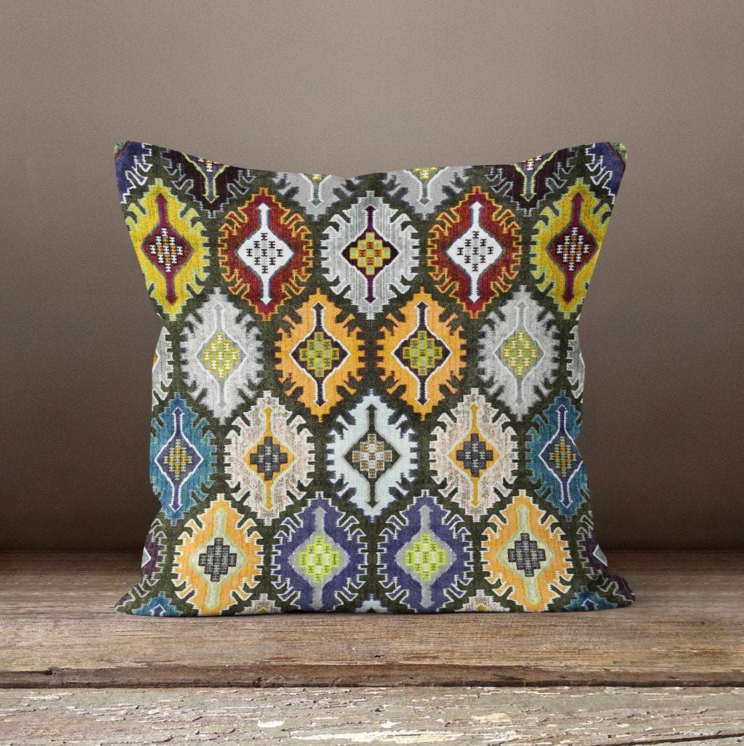 Rug Design Pillow Cover|Terracotta Southwestern Cushion Case|Decorative Aztec Print Ethnic Home Decor|Farmhouse Style Geometric Pillow Case