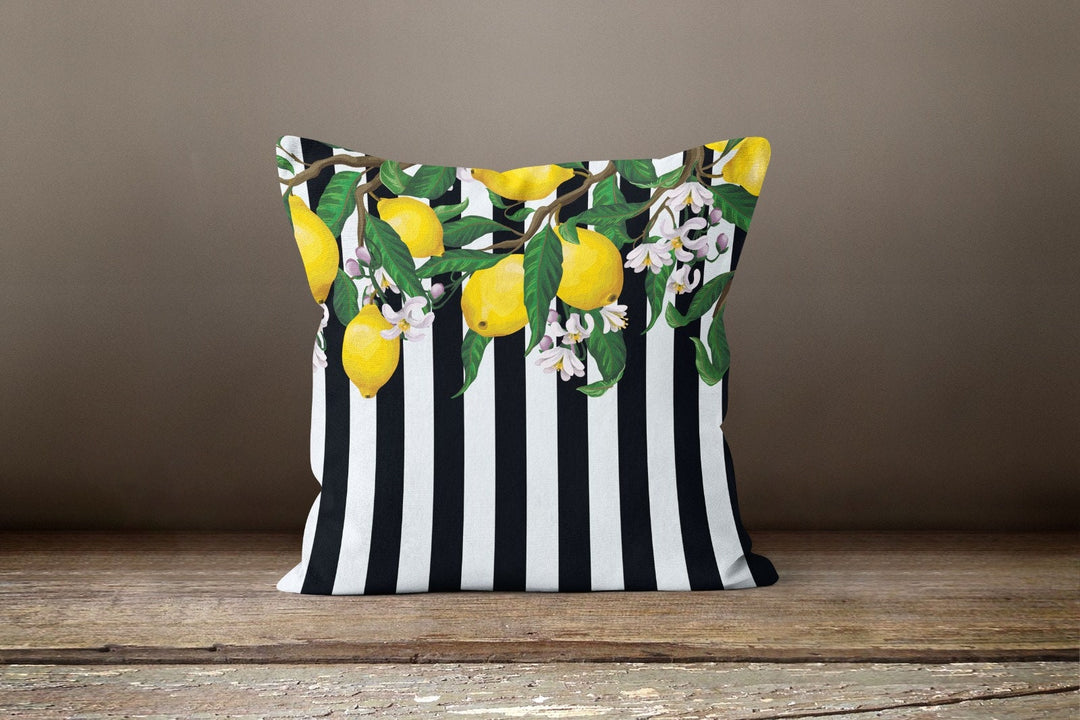 Floral Lemon Striped Pillow Case|Black White Striped Pillow Cover|Decorative Cushion|Housewarming Floral Cushion Case|Farmhouse Throw Pillow