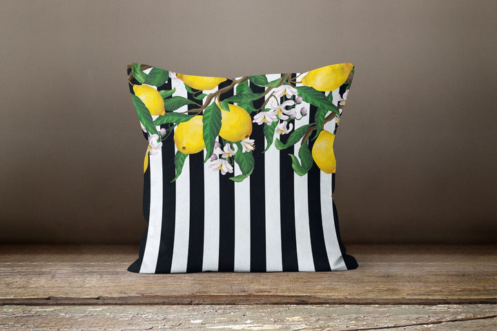 Floral Lemon Striped Pillow Case|Black White Striped Pillow Cover|Decorative Cushion|Housewarming Floral Cushion Case|Farmhouse Throw Pillow