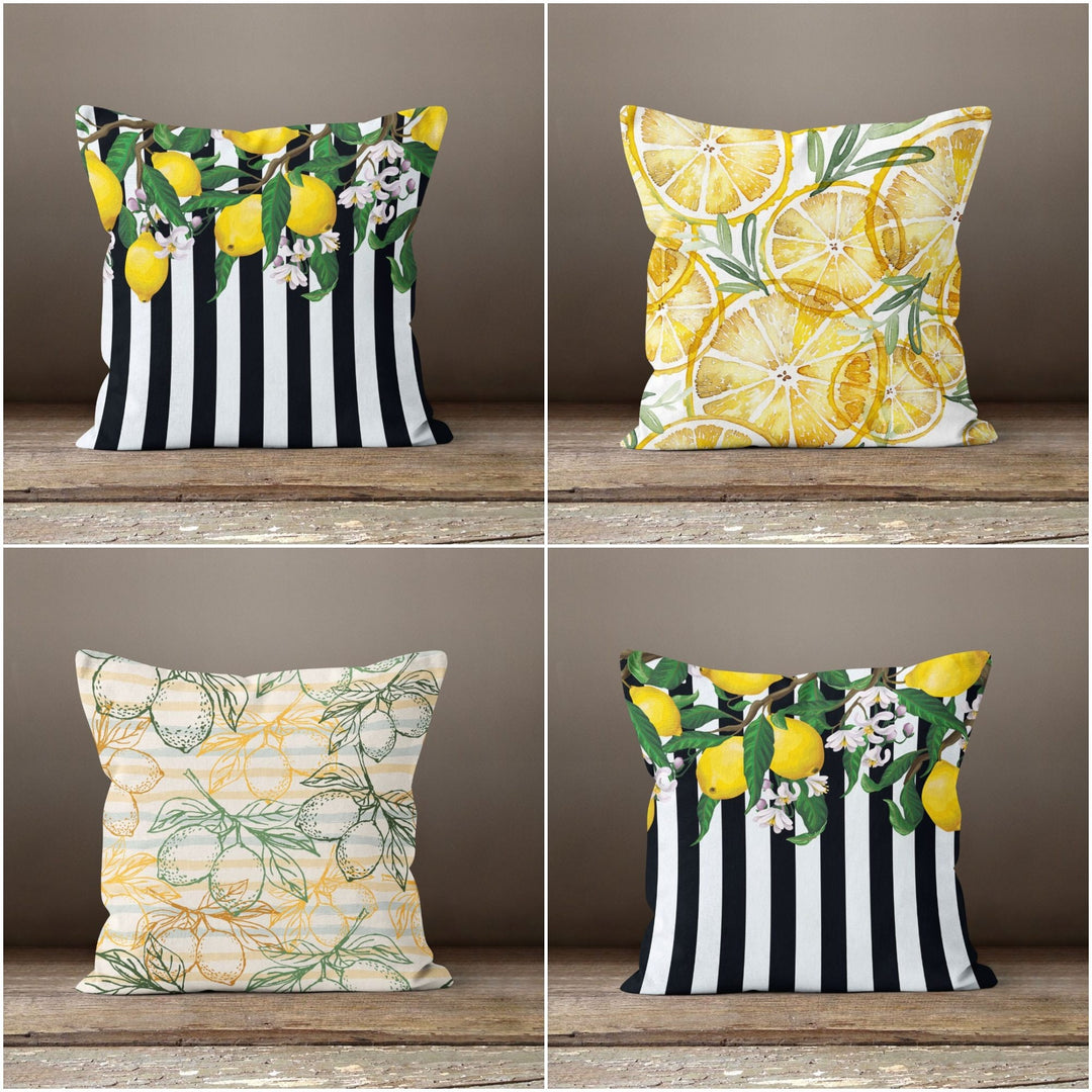 Floral Lemon Striped Pillow Case|Black White Striped Pillow Cover|Decorative Cushion|Housewarming Floral Cushion Case|Farmhouse Throw Pillow