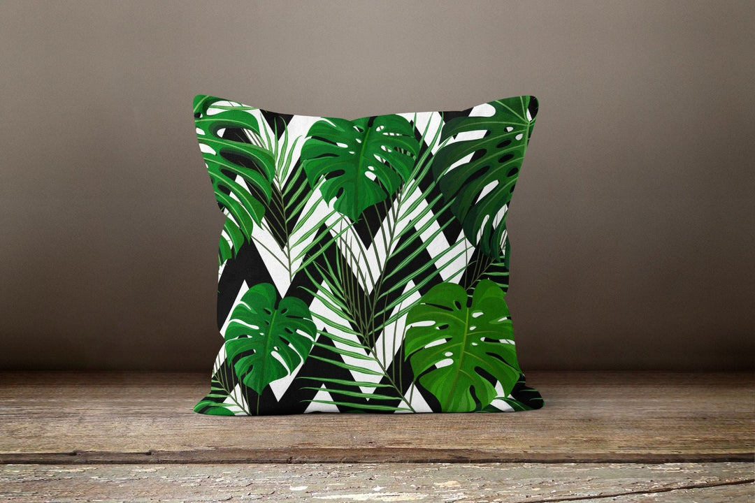 Tropical Plants Pillow Cover|Green Leaves Pillow Cover|Floral Cushion Case|Decorative Pillow Case|Leaves on Zigzag Case|Outdoor Pillow Cover