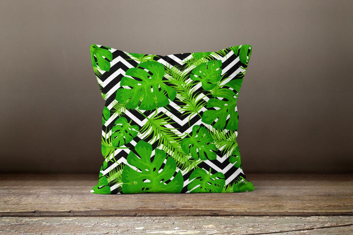 Tropical Plants Pillow Cover|Green Leaves Pillow Cover|Floral Cushion Case|Decorative Pillow Case|Leaves on Zigzag Case|Outdoor Pillow Cover