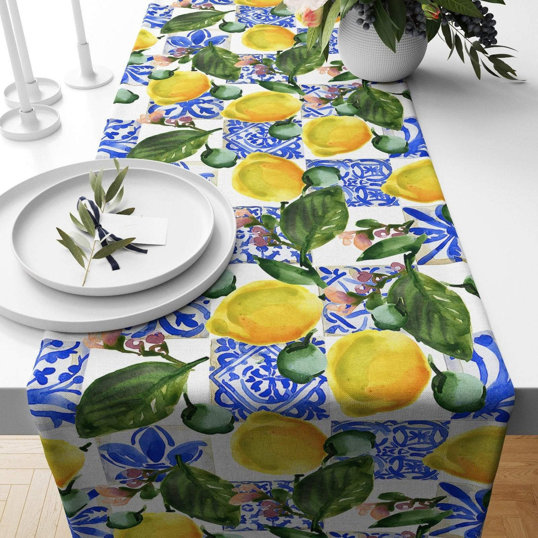 Lemon Table Runner|High Quality Floral Lemons on Geometric Design Table Decor|Summer Trend Tablecloth|Fresh Citrus Decor|Yellow Lemon Decor