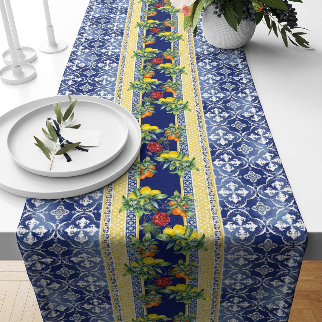 Lemon Table Runner|High Quality Floral Lemons on Geometric Pattern Table Decor|Summer Trend Tablecloth|Fresh Citrus Decor|Yellow Lemon Decor