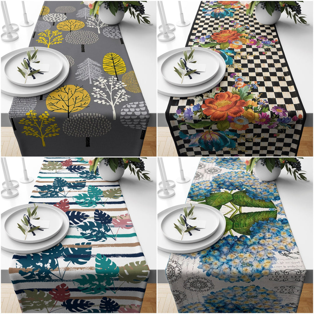 Floral Table Runner|Summer Trend Table Top|Checkered Floral Home Decor|Colorful Flowers, Leaves Tablecloth|Stripes and Leaves Table Runner