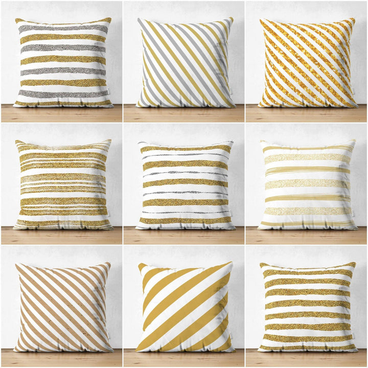 Golden Stripes Pillow Cover|Geometric Suede Cushion Cover|Decorative Pillow Case|Psychedelic Style Home Decor|Bohemian Style Pillow Case