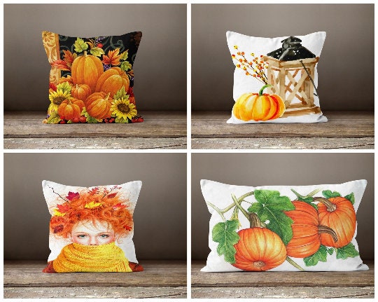 Fall Trend Pillow Cover|Autumn Girl Cushion Case|Orange Pumpkin Throw Pillow|Halloween Home Decor|Housewarming Sunflower Welcome Pillow Top