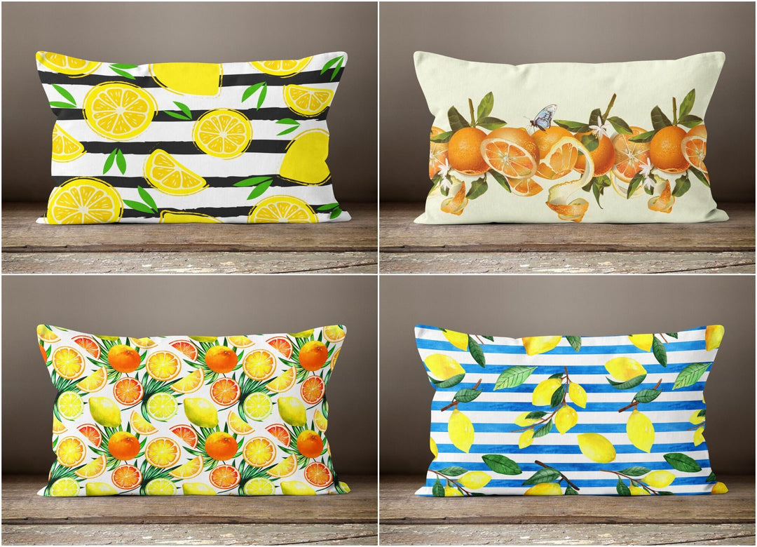 Floral Lemon Lumbar Pillow Case|Striped Citrus Pillow Top|Mandarin Slice Pillow|Rectangle Cushion|Lemon Lumbar Pillow|Summer Trend Pillow