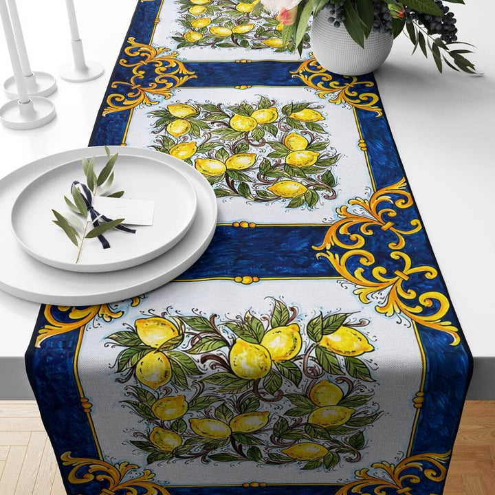 Lemon Table Runner|High Quality Floral Lemons on Geometric Design Table Decor|Summer Trend Tablecloth|Fresh Citrus Decor|Yellow Lemon Decor|