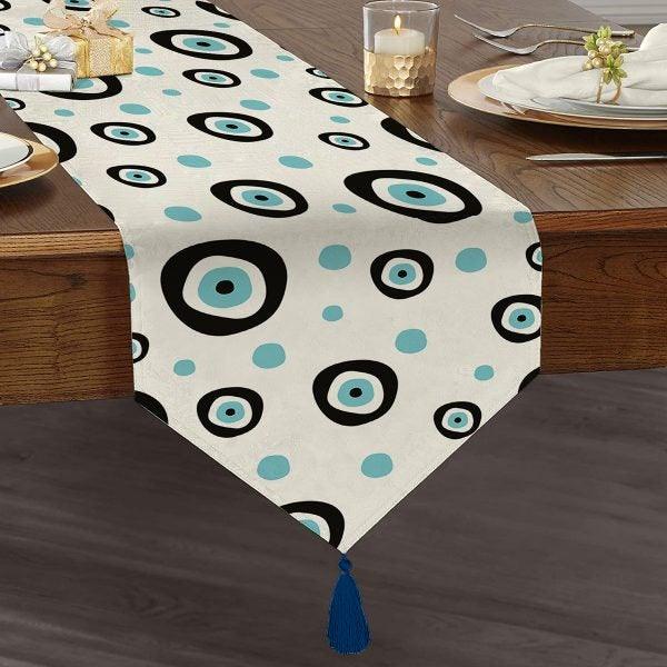 Evil Eye Table Runner|High Quality Triangle Chenille Table Runner|Good Luck Table|Symmetrical Pattern All Seeing Eye Tasseled Table Runner