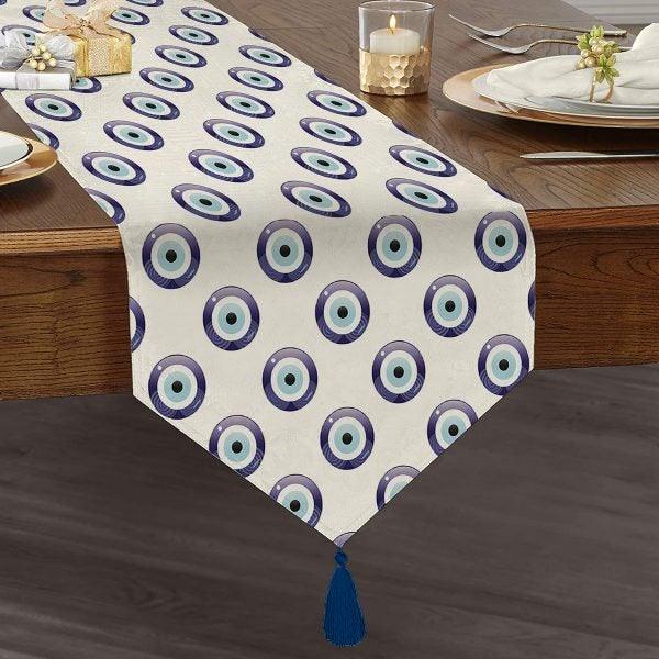 Evil Eye Table Runner|High Quality Triangle Chenille Table Runner|Good Luck Table|Symmetrical Pattern All Seeing Eye Tasseled Table Runner