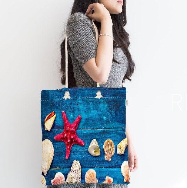 Coastal Shoulder Bag|Starfish Fabric Handbag|Sea Side Camping Handbag|Marine Beach Tote Bag|Digital Print Messenger Bag|Summer Trend Bag