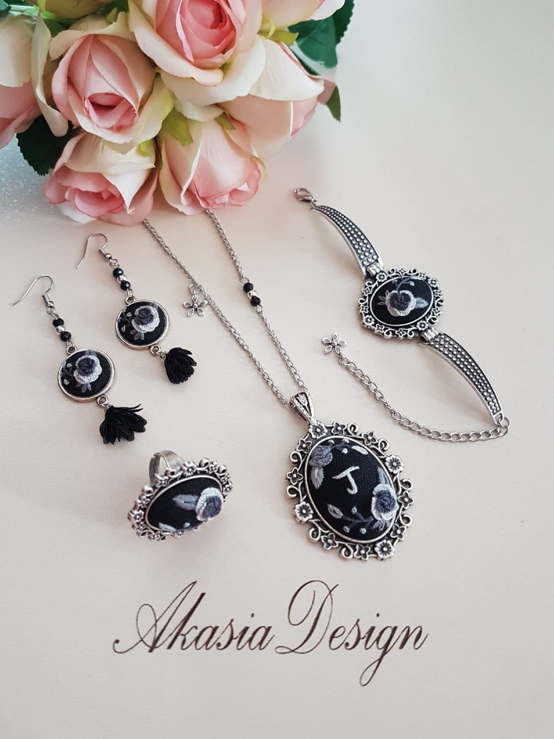 Embroidered Jewelry Set|Personalized Black Gray Floral Embroidery Jewelry|Vintage Embroidered Pendant Bracelet Earrings Ring|Gift for Her