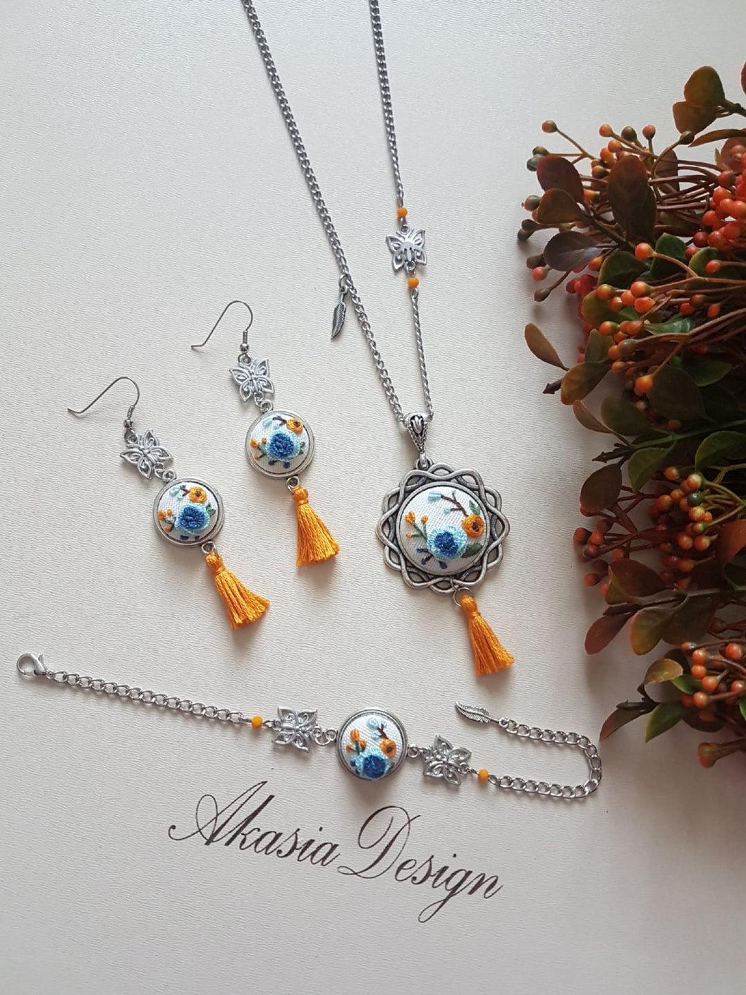 Floral Embroidery Jewelry|Custom Personalized Blue Orange Embroidered Pendant|Necklace Bracelet Earrings Set with Tassel|Unique Gift For Her