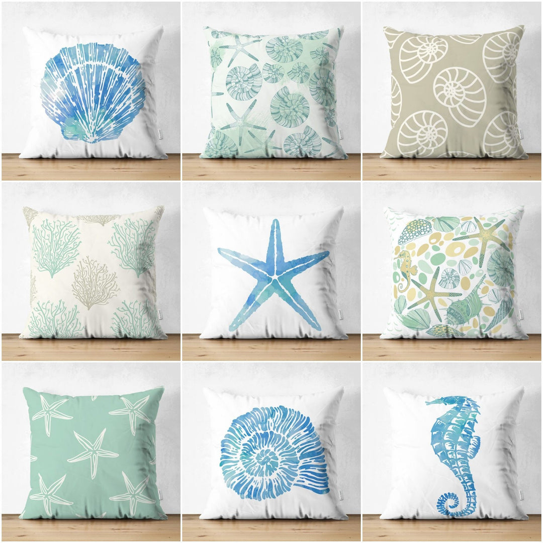 Beach House Pillow Cover|Coastal Cushion Case|Decorative Starfish Coral Seashell Pillow Top|Summer Trend Throw Pillow|Blue Marine Home Decor