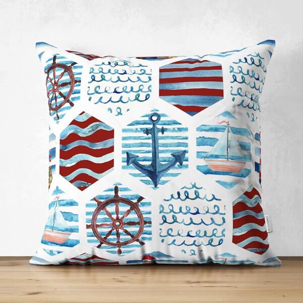 Nautical Pillow Cover|High Quality Suede Anchor and Compass Cushion Case|Decorative Nautical Pillow|Summer Trend Pillow|Beach House Cushion