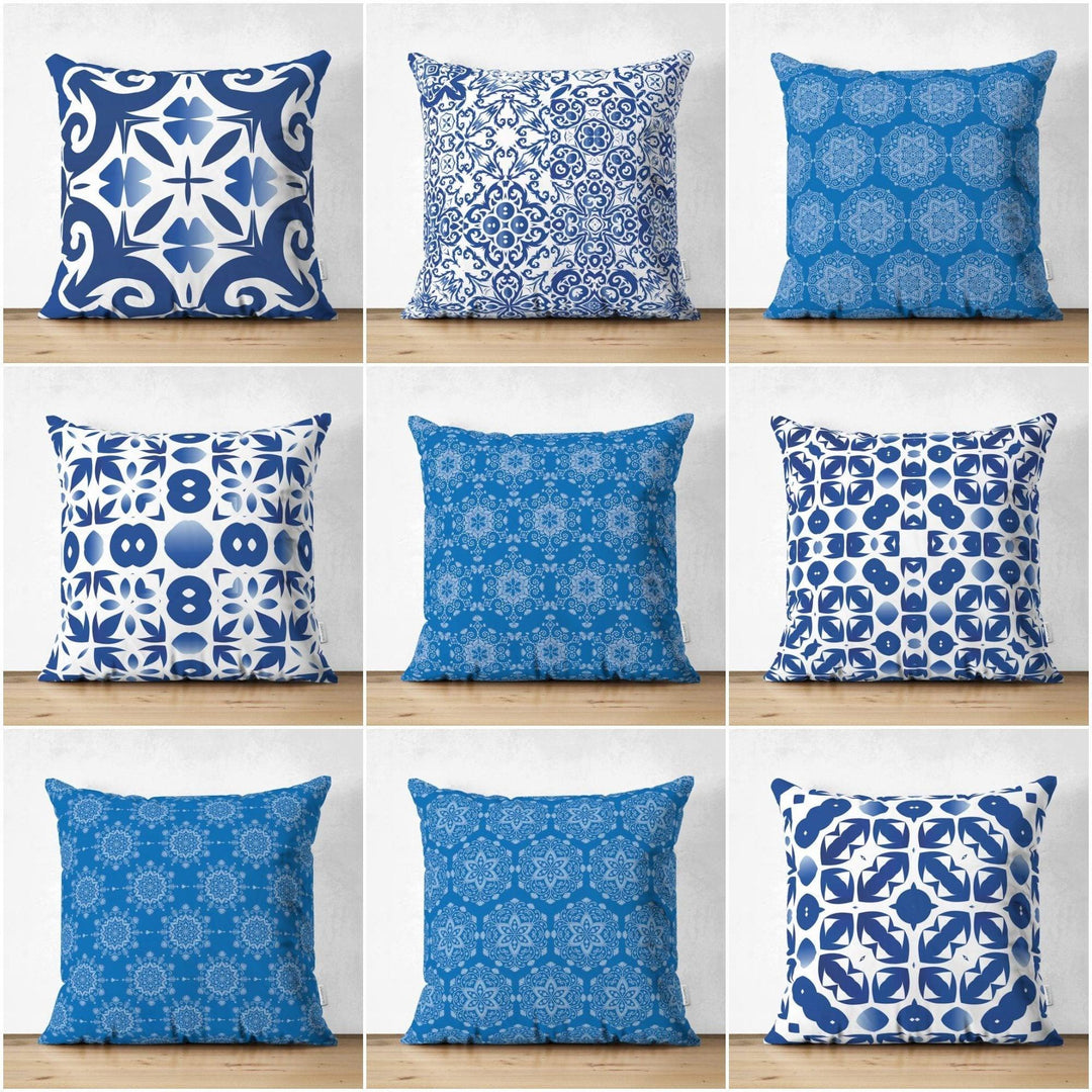 Tile Pattern Pillow Cover|Geometric Design Suede Pillow Case|Bluish Home Decor|Decorative Pillow Case |Farmhouse Style Authentic Pillow Case