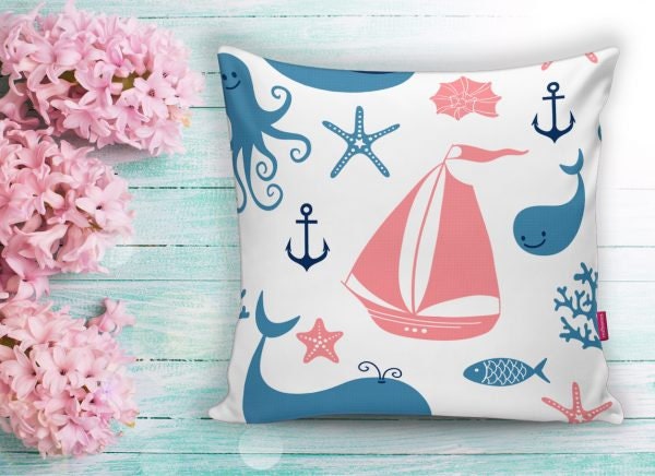 Beach House Pillow Covers|Coastal Pillow Case|Yacht Anchor Pillow|Decorative Nautical Cushion|Coral Seashell Seahorse Crab Fish Throw Pillow