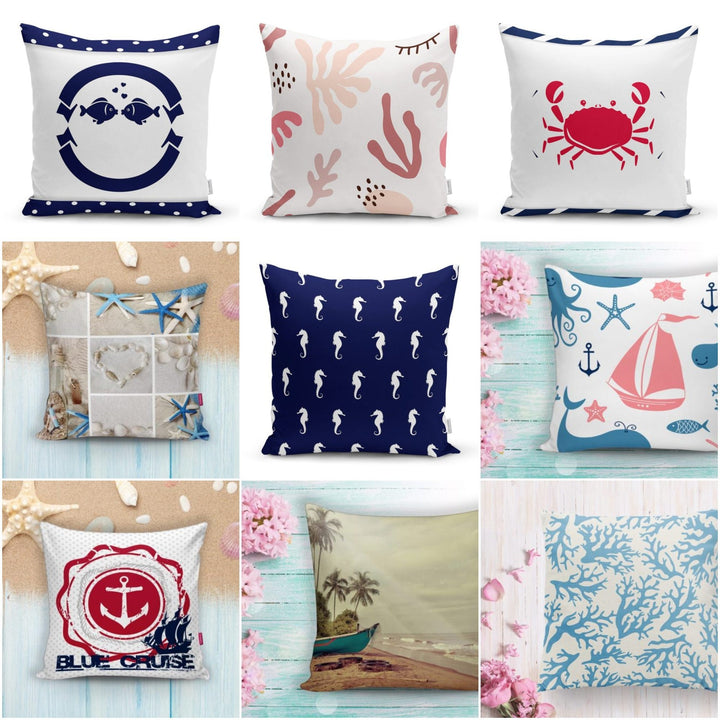 Beach House Pillow Covers|Coastal Pillow Case|Yacht Anchor Pillow|Decorative Nautical Cushion|Coral Seashell Seahorse Crab Fish Throw Pillow