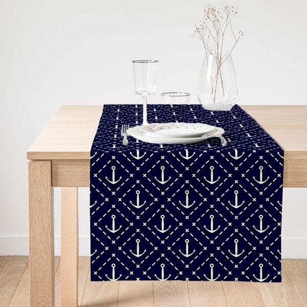 Nautical Table Runner|High Quality Suede Navy Anchor Table Runner|Anchor Table Cover|Decorative Nautical Tabletop|Outdoor Beach House Decor