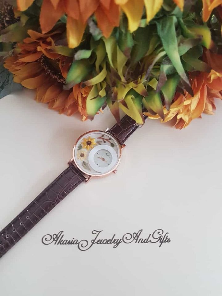 Embroidered Black Wrist Watch|Personalized Daisy Vintage Women Watch|Unique Floral Watch Gift for Mother|Hand Stitched Daisy Embroidery