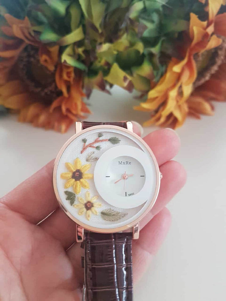 Embroidered Black Wrist Watch|Personalized Daisy Vintage Women Watch|Unique Floral Watch Gift for Mother|Hand Stitched Daisy Embroidery