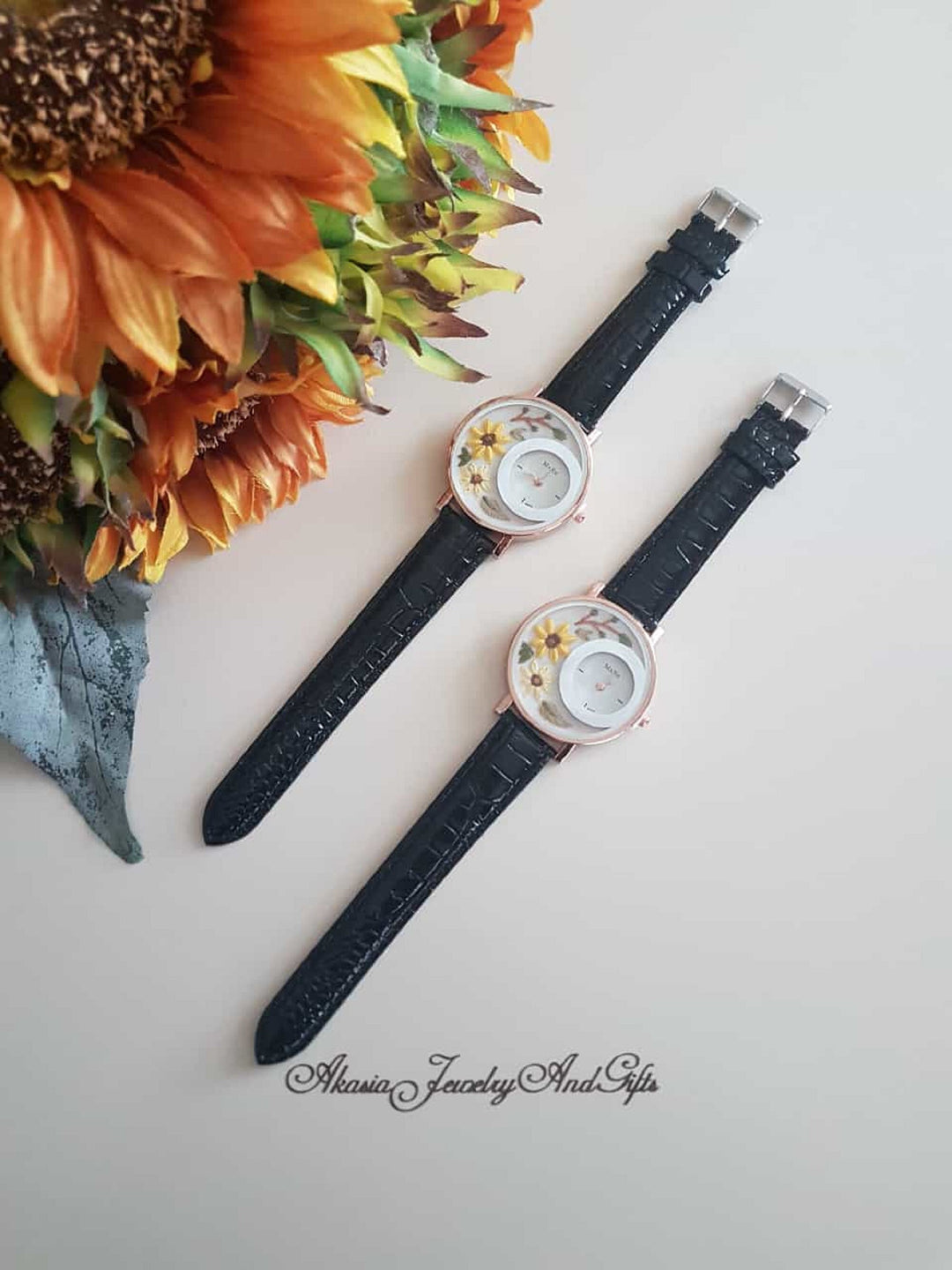 Embroidered Black Wrist Watch|Personalized Daisy Vintage Women Watch|Unique Floral Watch Gift for Mother|Hand Stitched Daisy Embroidery