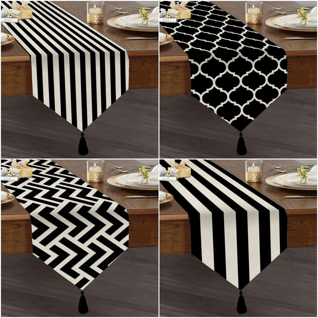 Black & White Geometric Table Runner|High Quality Triangle Chenille Table Runner|Decorative Tabletop|Psychedelic Home Decor|Tasseled Runner