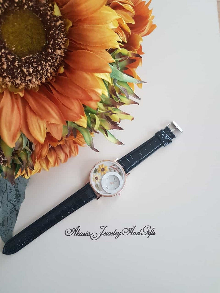 Embroidered Black Wrist Watch|Personalized Daisy Vintage Women Watch|Unique Floral Watch Gift for Mother|Hand Stitched Daisy Embroidery