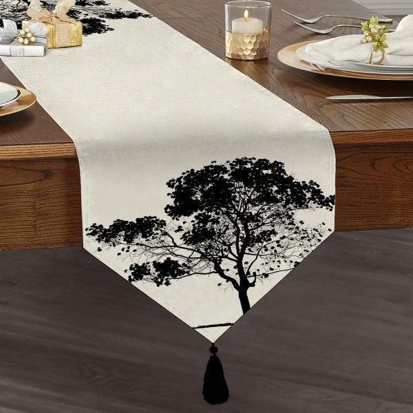 Tree Silhouette Table Runner|High Quality Triangle Chenille Table Runner|Summer Trend Tabletop|Farmhouse Tablecloth|Floral Tasseled Runner