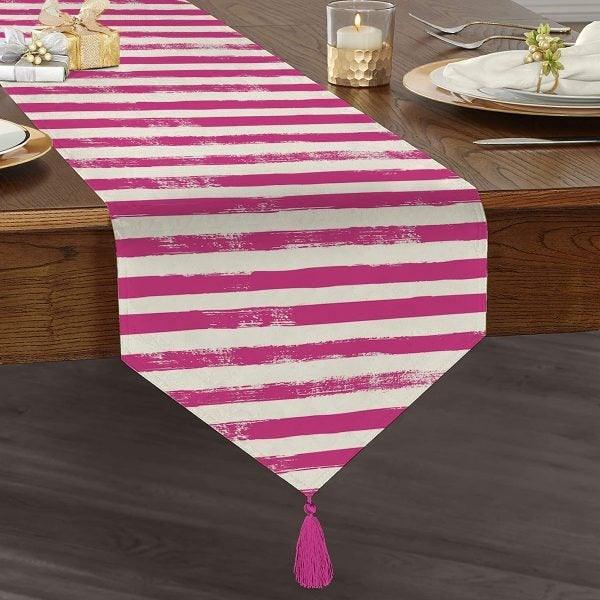 Striped Table Runner|High Quality Triangle Chenille Table Runner|Decorative Tabletop|Colorful Stripes Tabletop|Tasseled Runner with Stripes