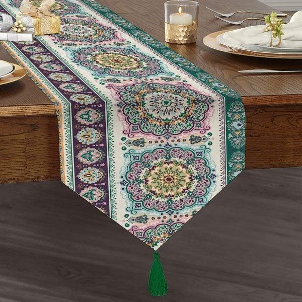 Decorative Table Runner|High Quality Triangle Chenille Table Runner|Ethnic Pattern Table Runner|Bohemian Style Authentic Tasseled Runner