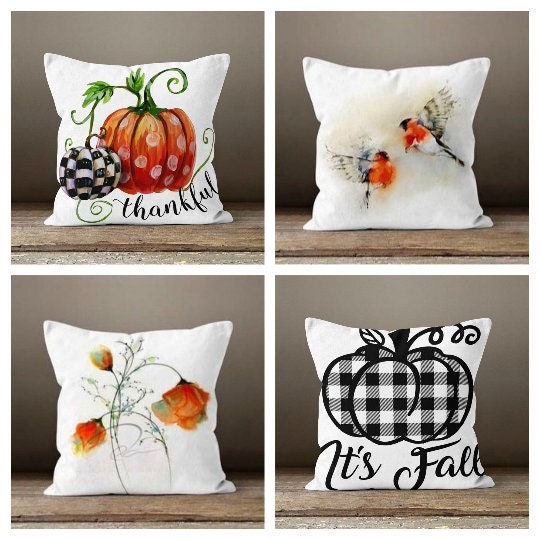 Fall Trend Pillow Cover|Autumn Cushion Case|Orange Pumpkin Throw Pillow|Halloween Home Decor|Plaid Style Outdoor Pillow Cover|Wellcome Fall