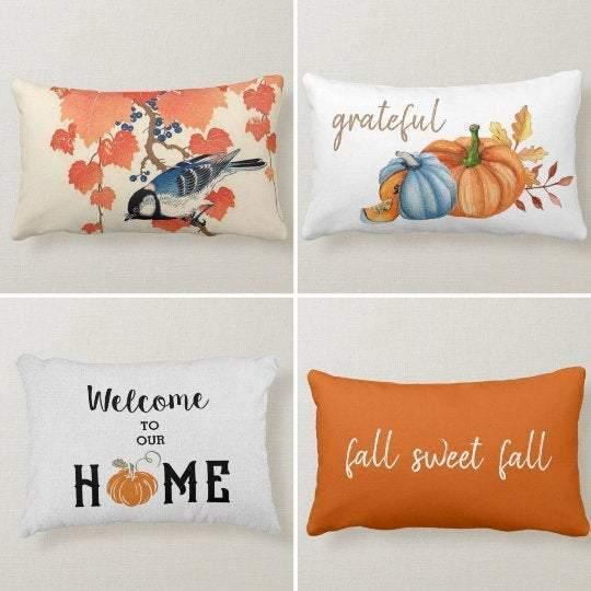 Fall Trend Pillow Cover|Rectangle Cushion Case|Orange Pumpkin Throw Pillow|Halloween Home Decor|Housewarming Farmhouse Welcome Pillow Case