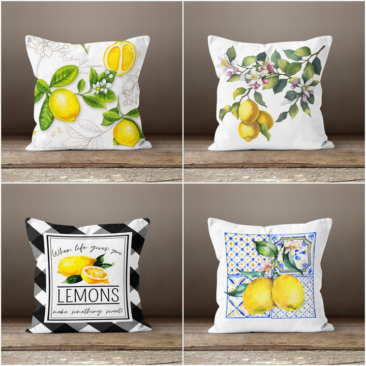 Floral Lemon Pillow Case|Black White Checkered Pillow Cover|Decorative Cushion|Housewarming Lemon Tree Case|Farmhouse Throw Pillow Cover