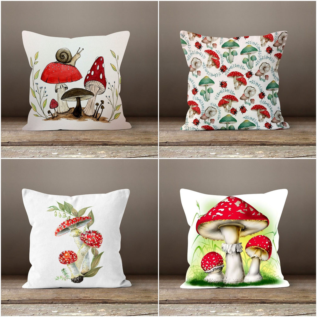 Mushroom Pillow Case|Red Mushroom and Snail Pillow Cover|Decorative Cushion Case|Housewarming Plant Pillow Case|Farmhouse Throw Pillow Cover