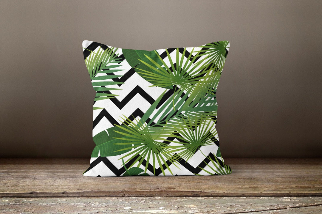 Tropical Plants Pillow Cover|Green Leaves Pillow Cover|Floral Cushion Case|Decorative Pillow Case|Leaves on Zigzag Case|Outdoor Pillow Cover