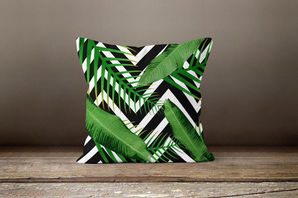 Tropical Plants Pillow Cover|Green Leaves Pillow Cover|Floral Cushion Case|Decorative Pillow Case|Leaves on Zigzag Case|Outdoor Pillow Cover