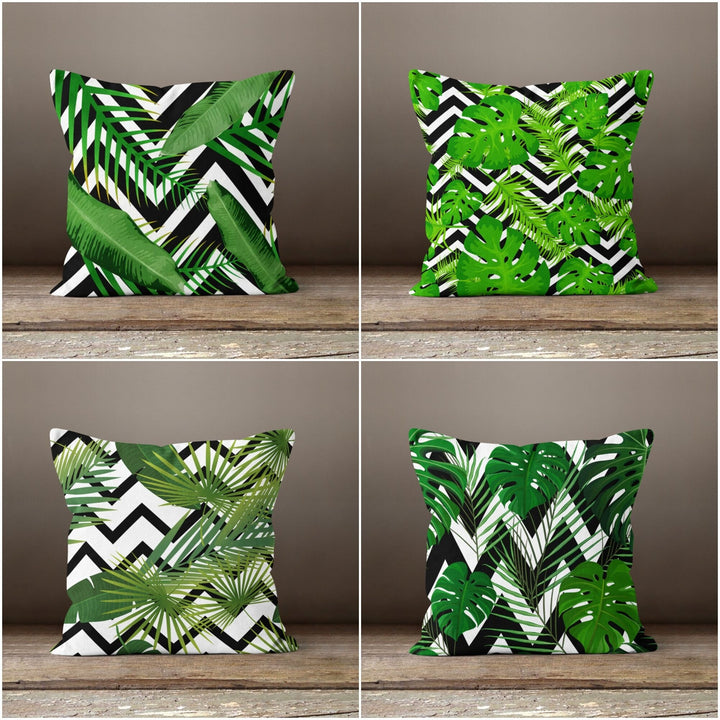 Tropical Plants Pillow Cover|Green Leaves Pillow Cover|Floral Cushion Case|Decorative Pillow Case|Leaves on Zigzag Case|Outdoor Pillow Cover