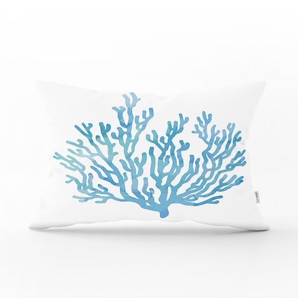 Beach House Pillow Cover|Rectangle Coastal Cushion Case|Decorative Sea Creatures Pillow|Turquoise Seahorse Oyster Seashell Starfish Pillow