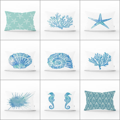 Beach House Pillow Cover|Rectangle Coastal Cushion Case|Decorative Sea Creatures Pillow|Turquoise Seahorse Oyster Seashell Starfish Pillow