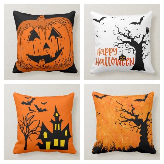 Halloween Pillow Case|Fall Trend Bats Pillow|Autumn Cushion Case|Orange Pumpkin Throw Pillow|Trick or Treat Home Decor|Happy Halloween Town